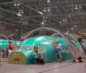 A picture of a 737 Max fuselage being worked on inside Spirit AeroSystems factory